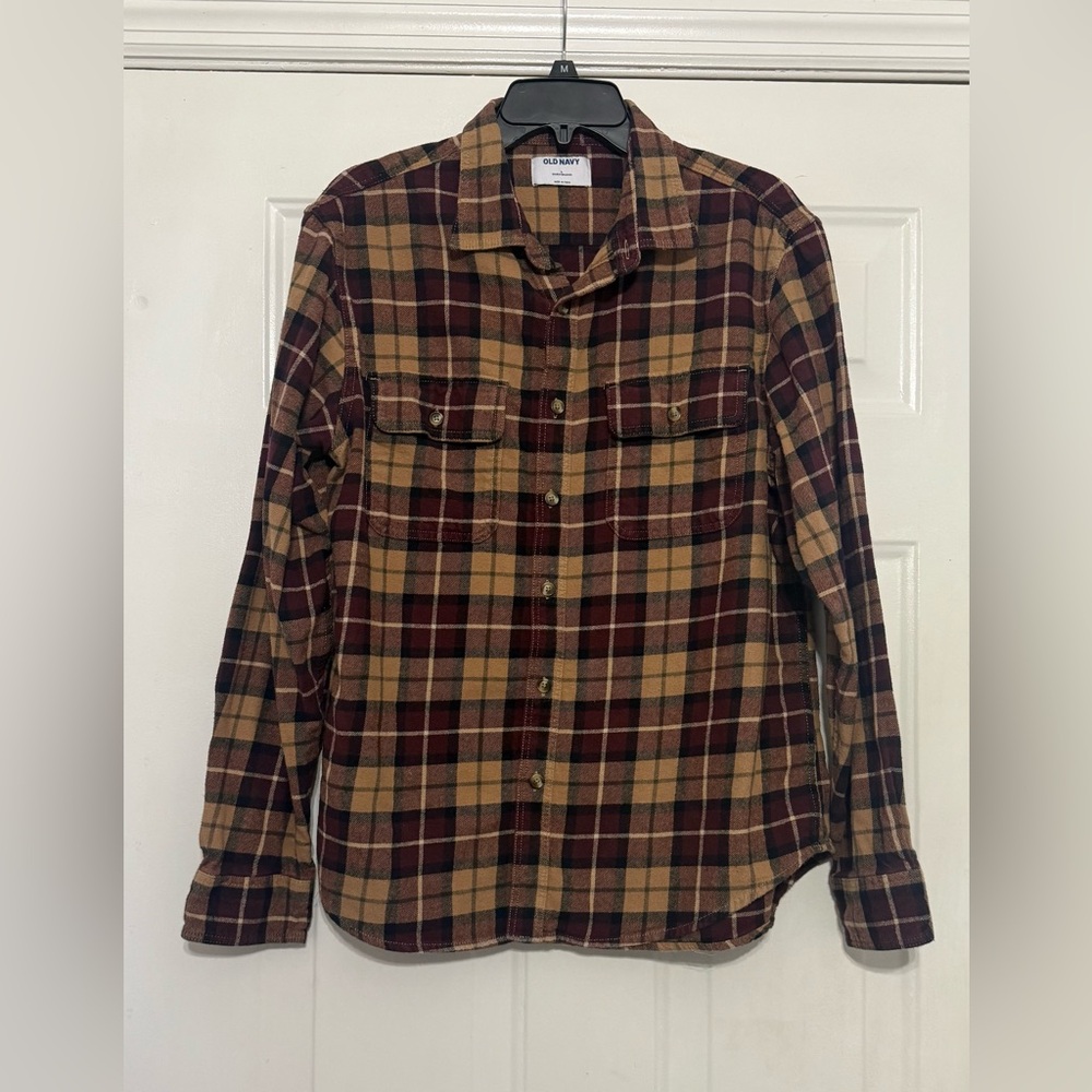 Old Navy Brown, Burgundy, and Tan Plaid Flannel Shirt